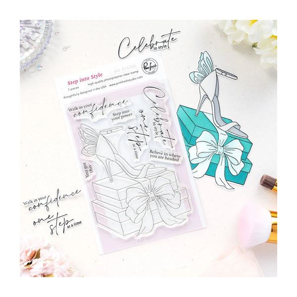 Clear stamp set with high heels and gift box design on a white background