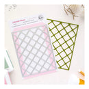 Celestial Weave diamond grid die-cut metal craft sheet set by Paper Paradise, showing the steel sheet and its retail packaging on a styled flat-lay background.