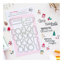 A flat-lay product photo of a 'Tiny Tidings' 5-piece steel cut die set by Rachel's Rustic Handmade, shown alongside matching stamped holiday graphics on a white background with seasonal flat-lay props.