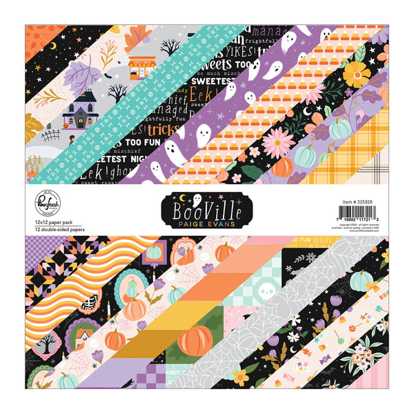 A 12-double-edged paper pack from Booville by Paige Evans, featuring 12 distinct Halloween-themed patterned paper strips with diagonal bands of orange pumpkins, purple ghosts, black spiderwebs, pink flowers, and teal stripes.
