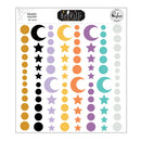 BooVille Made Easy enamel shapes sticker sheet featuring rows of crescent moons and stars in black, gold, yellow, purple, orange, teal, and light gray, with brand logos at the top.