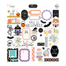 A sheet of Halloween-themed decorative stickers on a white background, featuring quotes, frames, pumpkins, bats, a skeleton, a haunted house, flowers, candy corn, and seasonal graphics.
