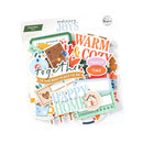 A sheet of assorted decorative stickers and small paper cutouts from Ordinary Joys, featuring warm autumn and cozy family-themed phrases like 'WARM & COZY', 'FAMILY TIME', and 'HAPPY HOME' in orange, teal, brown, cream, and blue tones.