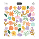 A sheet of floral and autumn-themed die-cut stickers featuring pumpkins, flowers, leaves, and vines in pastel colors, with visible branding for Bookville Scrapbook and Bella+Canvas at the top.
