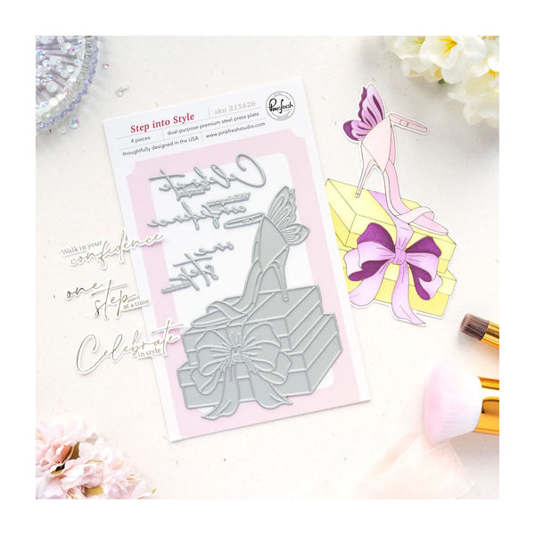 Metal die cut shapes with 'Step into Style' text and shoe design on a white background.