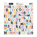 A sheet of decorative alphabet and number stickers by Peppy Alpha, featuring colorful uppercase letters and numerals in pastel and bright tones on a white backing sheet.