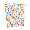 Two sheets of colorful alphabet stickers with playful hand-drawn lettering in multiple pastel and bright colors, shown on a plain white background.