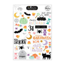 A sheet of Halloween-themed sticker designs from BooVille and Puffy, featuring spooky text like 'BOO!', 'happy HALLOWEEN', and 'fall festivities', along with illustrations of bats, pumpkins, moons, candy corn, ghosts, spiders, and a black cat on a white background.