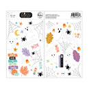 A sheet of decorative Halloween-themed stickers shown flat against a white background. The design includes white ghosts, black spiders, gray spiderwebs, orange and purple leaves, candy corn, stars, and a small pumpkin, with printed text such as 'witch way to the candy' and ' Boo Villainous.