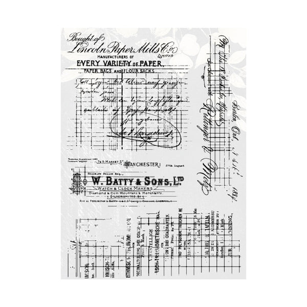 Vintage-style paper with printed text and logos on a white background