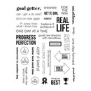 Goal Getter 16 Piece Stamp Set clear stamp sheet featuring various motivational phrases, arrows, stars, and trophy icons on a white background with a dark blue header.