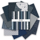 Collection of blue patterned fabric swatches on a white background