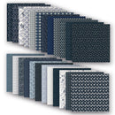 A set of patterned fabric squares arranged in two overlapping stacks on a white background. The fabrics feature various navy blue, light blue, white, and gray patterns including florals, stripes, plaid, and dots.
