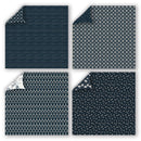 Four square fabric or paper swatches arranged in a 2x2 grid, each showing a navy and white pattern with one corner folded over to reveal the reverse side. The top-left swatch has a dark navy textured pattern, the top-right has a repeating geometric medallion pattern, the bottom-left has a small floral motif, and the bottom-right has tiny scattered dots.