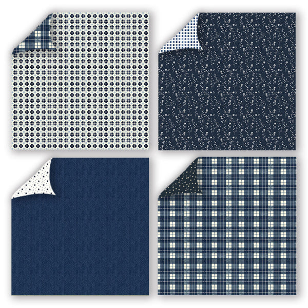 Four square fabric or paper swatches arranged in a 2x2 grid, each showing a navy-and-white pattern: small repeating motifs, scattered dots, plaid, and a plaid corner with a white reverse side.