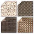 Four square sheets of patterned paper arranged in a 2x2 grid on a white background. The top-left sheet has a cream base with small brown and black floral motifs and a curled top-left corner showing the reverse.
