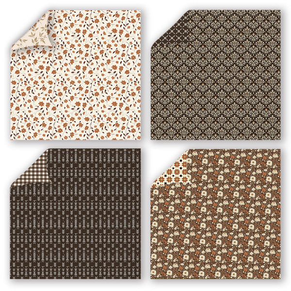 Four square sheets of patterned paper arranged in a 2x2 grid on a white background. The top-left sheet has a cream base with small brown and black floral motifs and a curled top-left corner showing the reverse.