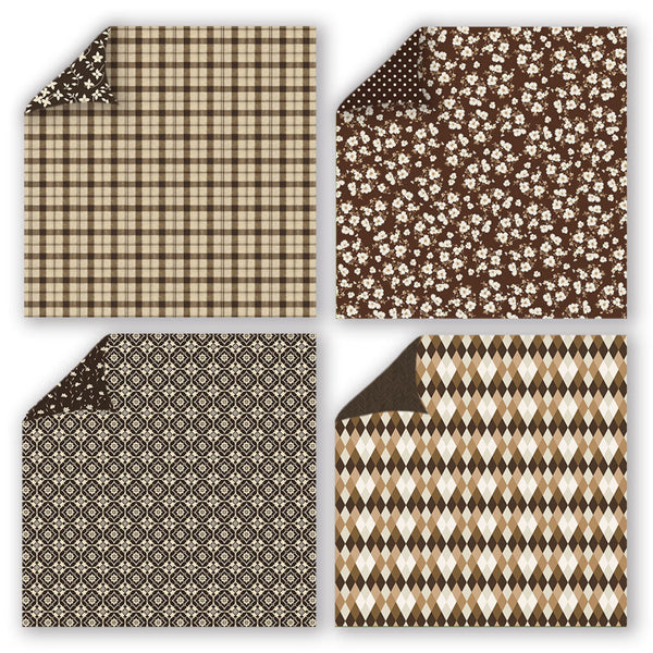 Four fabric swatches with different patterns on a white background