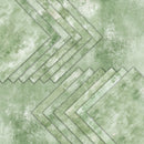 A green and white textured geometric pattern featuring layered chevron and diagonal rectangular shapes with a distressed, mottled finish.