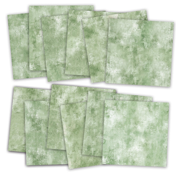 A set of square sheets with a mottled sage green and white textured pattern, arranged in two overlapping groups on a plain white background.