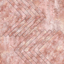 A close-up of a textured surface with layered chevron and diagonal geometric bands in warm dusty pink, blush, beige, and rose-gold tones.