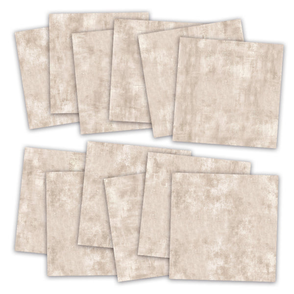 Ten square textured paper sheets in a warm beige and cream color, arranged in two overlapping stacks on a white background.