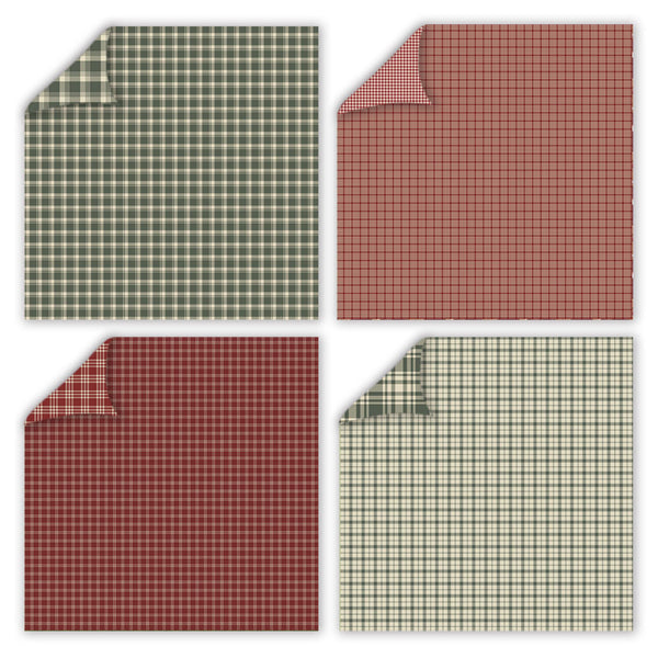 Four square fabric or paper swatches arranged in a 2x2 grid on a white background, each showing a small-scale plaid or gingham pattern with one corner folded over to reveal the reverse side.