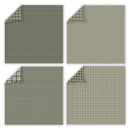 Four square fabric or paper swatches arranged in a 2x2 grid, showing two green-and-white plaid/check patterns and two solid sage green tones, with folded corners revealing matching patterned backing.