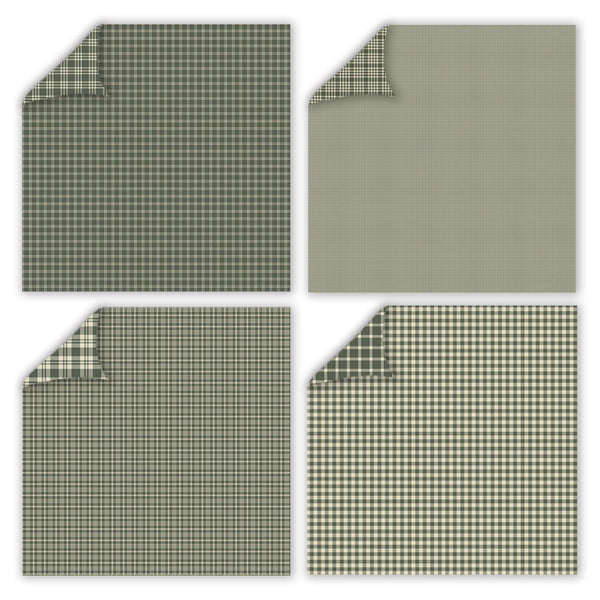 Four square fabric or paper swatches arranged in a 2x2 grid, showing two green-and-white plaid/check patterns and two solid sage green tones, with folded corners revealing matching patterned backing.