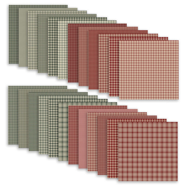 A set of patterned paper sheets arranged in two overlapping rows on a white background. The papers feature various plaid and checkered designs in muted green, beige, terracotta red, dusty rose, and red tones.