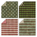 Four holiday-themed patterned paper sheets arranged in a 2x2 grid, showing different designs: green plaid with snowflakes, green plaid with pine trees, red and cream argyle, and brown and cream Fair Isle patterns.