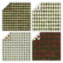 Four holiday-themed patterned paper sheets arranged in a 2x2 grid, showing different designs: green and red plaid, green harlequin diamond, beige and green gingham, and red and green plaid with a small corner floral reveal.
