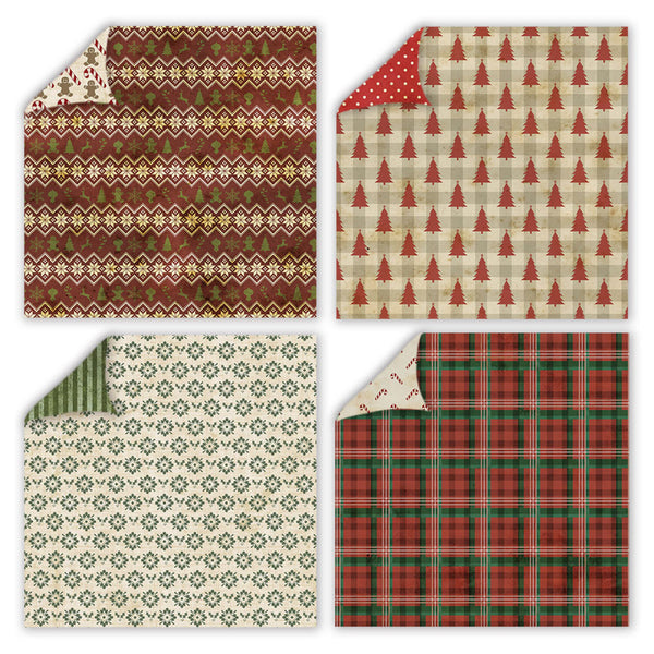 Four square fabric or paper pattern swatches arranged in a 2x2 grid, each showing a holiday-themed design with one corner folded over to reveal the reverse side. The designs include a burgundy and beige Fair Isle pattern, a beige and red Christmas tree pattern, a green and beige floral pattern, and a red and green plaid pattern.