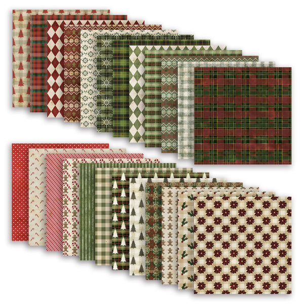 A set of patterned paper sheets arranged in two overlapping rows on a white background, featuring holiday designs including plaid, diamonds, trees, and floral motifs in red, green, beige, and brown tones.