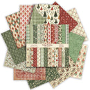 A set of Christmas-themed patterned paper sheets fanned out behind a central paper bundle. The designs include red, green, beige, and cream patterns such as Christmas trees, snowflakes, holiday quilts, floral motifs, and stripes.