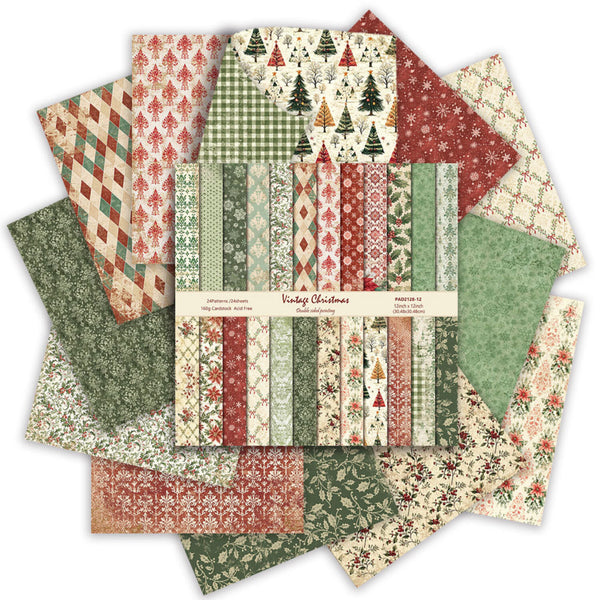 A set of Christmas-themed patterned paper sheets fanned out behind a central paper bundle. The designs include red, green, beige, and cream patterns such as Christmas trees, snowflakes, holiday quilts, floral motifs, and stripes.