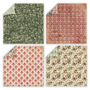 Four square sheets of patterned paper arranged in a 2x2 grid on a white background. The top-left sheet is dark green with a beige floral pattern and a folded corner showing a light green reverse.