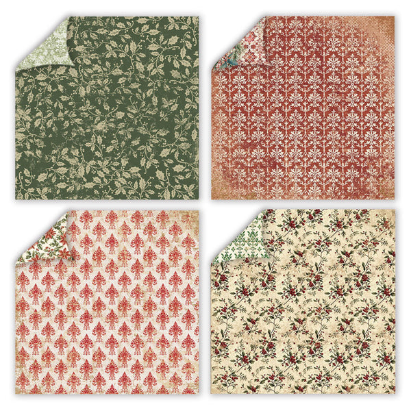 Four square sheets of patterned paper arranged in a 2x2 grid on a white background. The top-left sheet is dark green with a beige floral pattern and a folded corner showing a light green reverse.