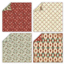 Four square sheets of patterned paper arranged in a 2x2 grid, each with a curled top-left corner showing the reverse side. The designs include a rust red background with white snowflakes, an ivory background with a green and red diamond lattice, a cream background with green and red floral scrollwork, and a rust red and teal diamond pattern on an ivory base.