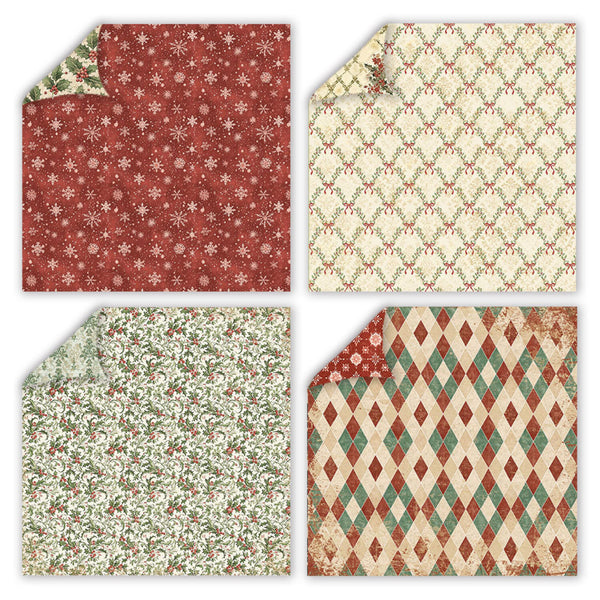 Four square sheets of patterned paper arranged in a 2x2 grid, each with a curled top-left corner showing the reverse side. The designs include a rust red background with white snowflakes, an ivory background with a green and red diamond lattice, a cream background with green and red floral scrollwork, and a rust red and teal diamond pattern on an ivory base.
