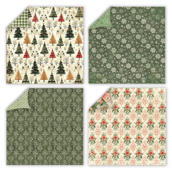 Four square swatches showing different Christmas-themed fabric or paper patterns arranged in a 2x2 grid. The top-left swatch shows a cream background with red, green, and brown Christmas trees; the top-right shows a dark green background with white snowflakes; the bottom-left shows a dark green background with small floral motifs and a peek of a polka-dot green fabric underneath; the bottom-right shows a cream background with repeating red and green floral motifs.