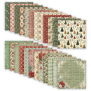 A set of patterned paper sheets arranged in two overlapping rows on a white background. The papers feature various holiday and vintage-style designs including Christmas trees, poinsettias, gingham, and floral motifs in muted green, red, beige, and brown tones.