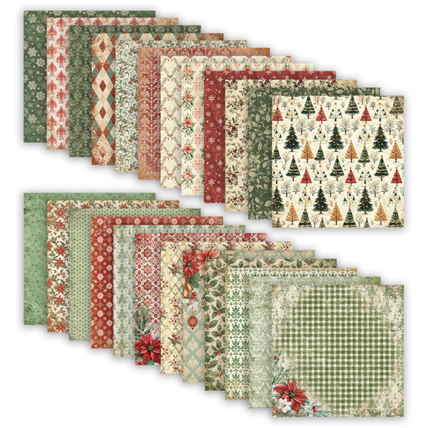 A set of patterned paper sheets arranged in two overlapping rows on a white background. The papers feature various holiday and vintage-style designs including Christmas trees, poinsettias, gingham, and floral motifs in muted green, red, beige, and brown tones.