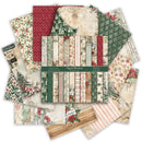 A set of layered Christmas-themed paper sheets and patterned paper stacks arranged in a fan shape on a white background. The designs include red holiday patterns, green foliage, rustic wood textures, stripes, floral prints, and vintage-style holiday elements.