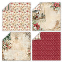 Four decorative paper sheets arranged in a 2x2 grid, each with a vintage holiday design: snowflakes on cream, aged parchment with floral corner details, distressed cream with floral accents, and a deep red sheet with small white polka dots.