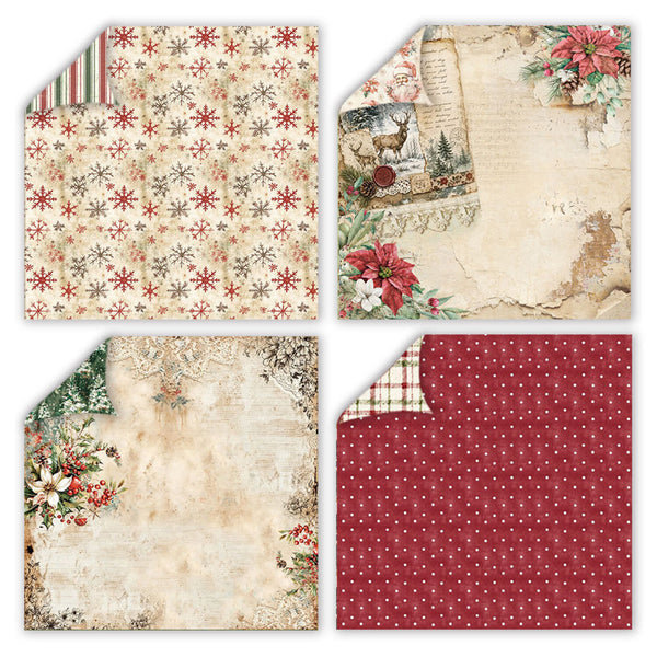 Four decorative paper sheets arranged in a 2x2 grid, each with a vintage holiday design: snowflakes on cream, aged parchment with floral corner details, distressed cream with floral accents, and a deep red sheet with small white polka dots.