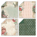 Four Christmas-themed scrapbook paper sheets arranged in a 2x2 grid, featuring vintage patterns including stripes, florals, Santa Claus, a snowy tree, and a green damask design.
