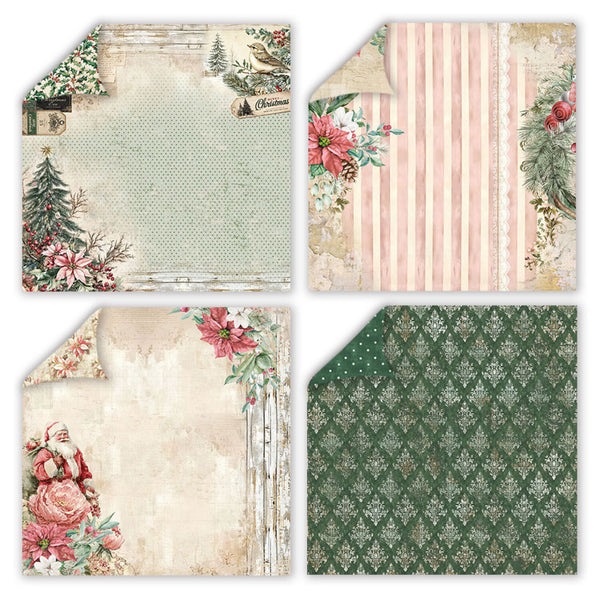 Four Christmas-themed scrapbook paper sheets arranged in a 2x2 grid, featuring vintage patterns including stripes, florals, Santa Claus, a snowy tree, and a green damask design.