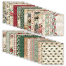 A set of layered scrapbook paper sheets with various vintage Christmas patterns, including poinsettias, snowflakes, holiday trees, plaid, stripes, and rustic beige backgrounds, arranged in two overlapping diagonal stacks on a white background.