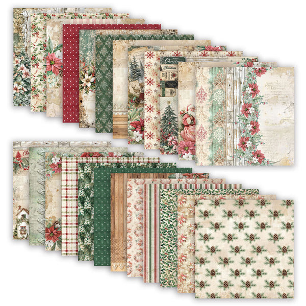 A set of layered scrapbook paper sheets with various vintage Christmas patterns, including poinsettias, snowflakes, holiday trees, plaid, stripes, and rustic beige backgrounds, arranged in two overlapping diagonal stacks on a white background.